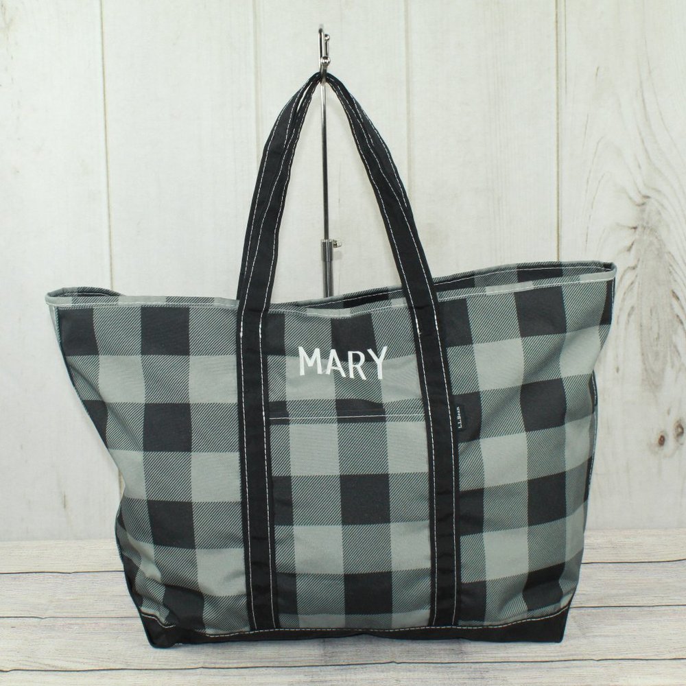 LL Bean Boat & Tote Plaid Gray Polyester Zip-Top Embroidery "Mary" Tote Bag - Picture 1 of 11